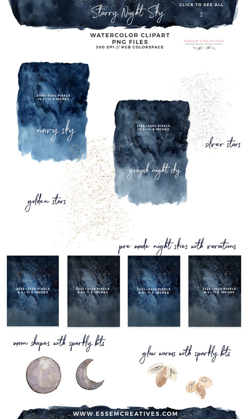 May include: Watercolor clipart set of starry night skies in shades of blue with gold glitter. Includes pre-made night skies, moon shapes, and glow worms. 300 DPI PNG files.