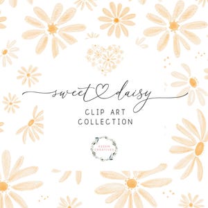 Puede incluir: Un fondo blanco cubierto de margaritas en acuarela en tonos amarillos y naranjas. Las palabras "sweet daisy" están escritas en cursiva, con "clip art collection" debajo. También hay un corazón hecho de margaritas.