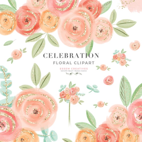 Peach Pink Watercolor Floral Clipart, Cute Whimsical Flowers Clip Art, Mint Coral Baby Children Birthday Party Shower Card Digital Graphics