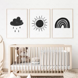 Neutre Sun Cloud Rainbow Print Ensemble de 3 décors de pépinière noirs, galerie imprimable impressions murales affiche aquarelle pour chambre denfant, TÉLÉCHARGEMENT NUMÉRIQUE image 2