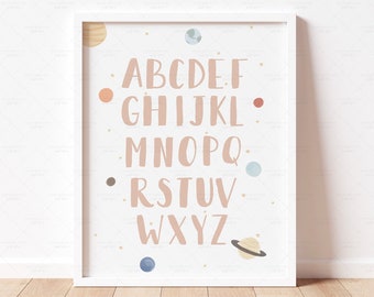 Solar System Alphabet Poster, Space Boho Alphabet Print, PRINTABLE Wall Art Educational Poster Playroom Nursery Decor, Digital Download, ABC