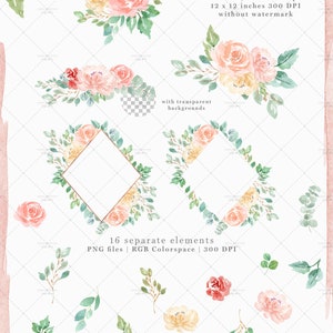 Aquarelle Fleurs Clipart, Fleurs en sourdine Printemps Floral Aquarelle Clip art, Cadres floraux numériques Graphiques, Pêches et Bordure de pivoine crème image 2