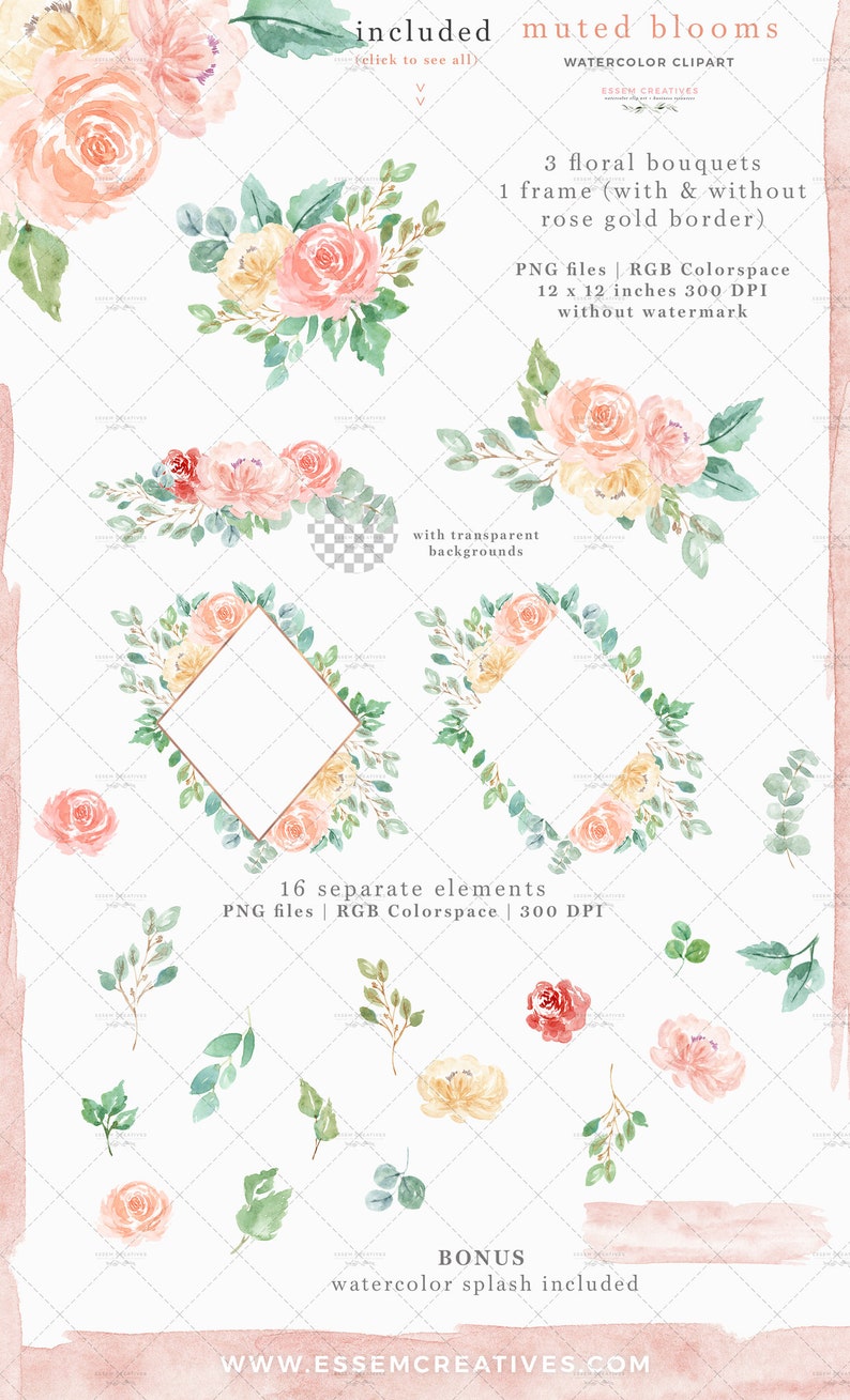 Aquarelle Fleurs Clipart, Fleurs en sourdine Printemps Floral Aquarelle Clip art, Cadres floraux numériques Graphiques, Pêches et Bordure de pivoine crème image 2