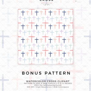 May include: A digital download of a watercolor cross pattern. The pattern is a seamless repeat of watercolor crosses in shades of pink, blue, green, and purple on a white background. The pattern is 3600 x 3600 pixels and is 12 x 12 inches.