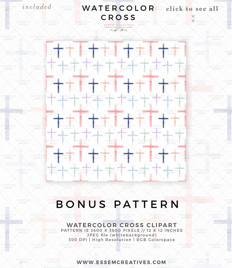 May include: A digital download of a watercolor cross pattern. The pattern is a seamless repeat of watercolor crosses in shades of pink, blue, green, and purple on a white background. The pattern is 3600 x 3600 pixels and is 12 x 12 inches.