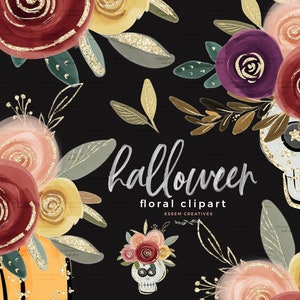 Acuarela Halloween Floral Clipart Brillo dorado, Flores de jarrón de calabaza espeluznantes de otoño, Jarrón de calavera con flores, Póster de decoración de truco o trato