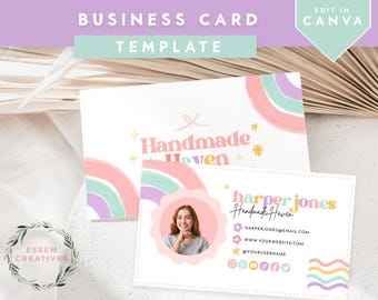 Cute Business Card Template, Rainbow Boho Business Card Design, Printable Canva Editable Template, DIY Calling Card, Feminine Branding 506