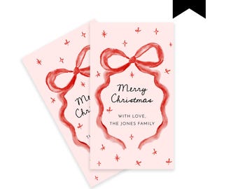 Printable Coquette Red Bow Christmas Gift Tag Template, Editable Cute Modern Whimsical Hand Drawn Holiday Gift Tag, Wavy Ribbon Label 516