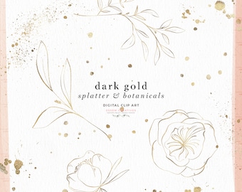 Gold Line Art Leaves Botanicals, Paint Splatter Clipart Overlay, Glitter Ink Splatter Clip Art Sparkle PNG, Gold Foil Confetti, Brush Stroke