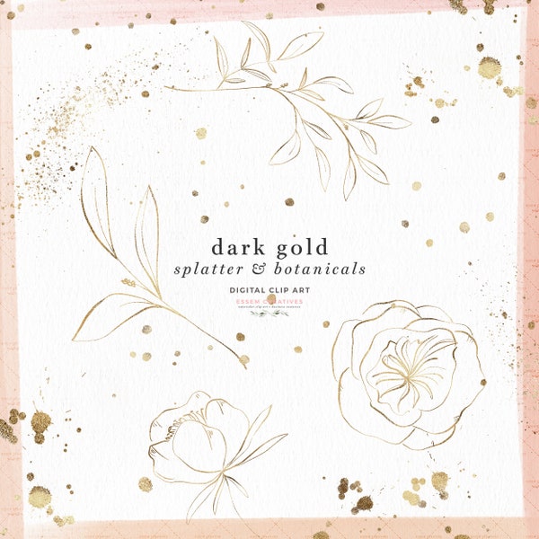 Gold Line Art Leaves Botanicals, Paint Splatter Clipart Overlay, Glitter Ink Splatter Clip Art Sparkle PNG, Gold Foil Confetti, Brush Stroke