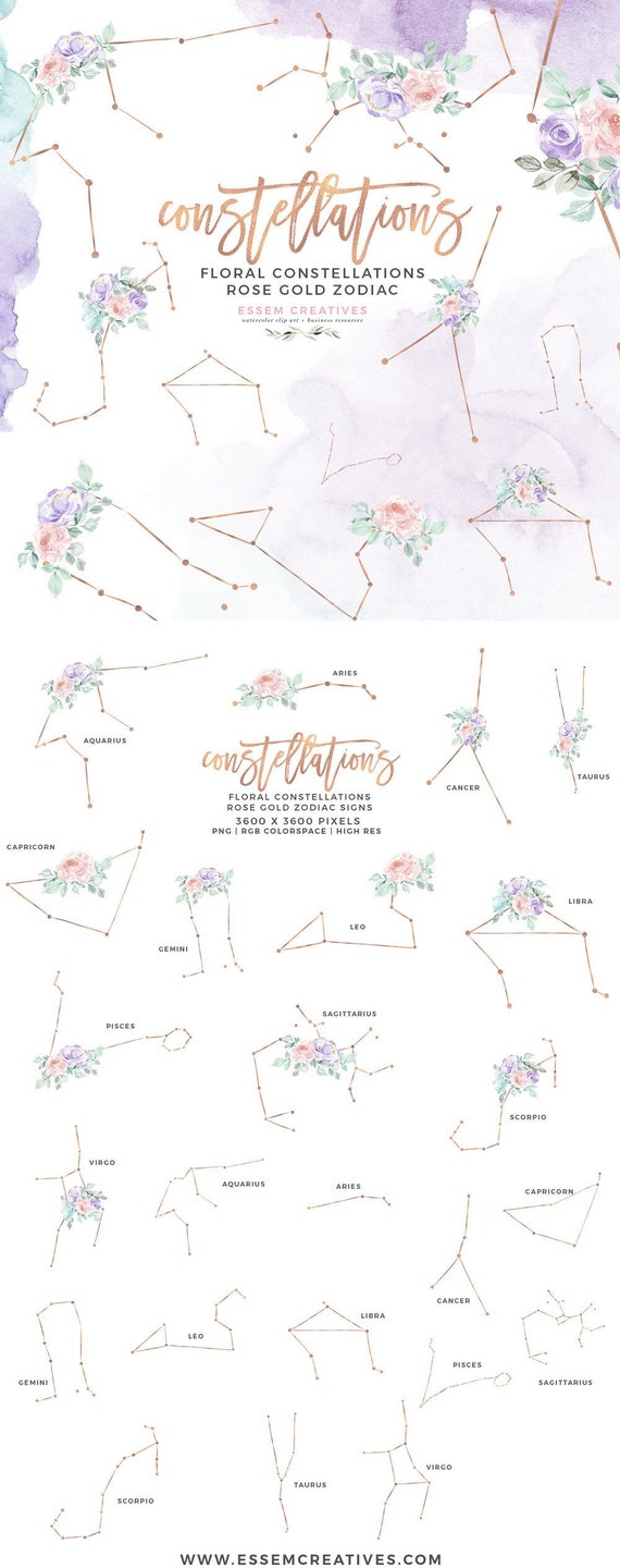 Floral Zodiac Constellation Clipart, Zodiac Signs Clipart, Astrology Print, Celestial Starry Night Sky Watercolor Clipart Rose Gold Foil PNG