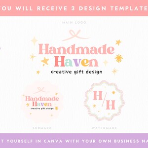 May include: Three logo designs for a business called "Handmade Haven", a creative gift design company. The main logo features the business name in a colourful, playful font with stars and a ribbon. The submark logo is a smaller version of the main logo with a pink background. The watermark logo features the initials "H/H" in a circle with a yellow background.