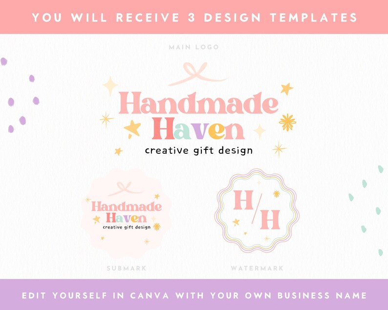 May include: Three logo designs for a business called "Handmade Haven", a creative gift design company. The main logo features the business name in a colourful, playful font with stars and a ribbon. The submark logo is a smaller version of the main logo with a pink background. The watermark logo features the initials "H/H" in a circle with a yellow background.