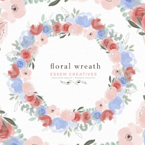 Couronne florale clipart en fleurs bleus et roses poussiéreux pour mariage inviter rustique bébé douche fête invitation carte sexe révéler des annonces