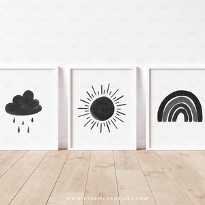 Neutre Sun Cloud Rainbow Print Ensemble de 3 décors de pépinière noirs, galerie imprimable impressions murales affiche aquarelle pour chambre denfant, TÉLÉCHARGEMENT NUMÉRIQUE image 6