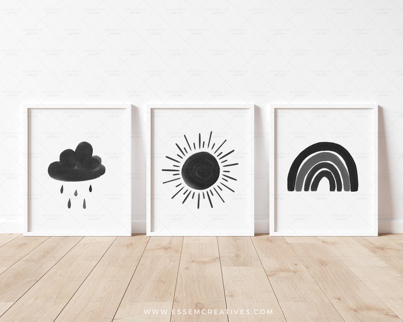 Neutre Sun Cloud Rainbow Print Ensemble de 3 décors de pépinière noirs, galerie imprimable impressions murales affiche aquarelle pour chambre denfant, TÉLÉCHARGEMENT NUMÉRIQUE image 6