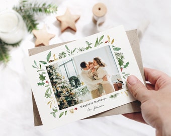 Greenery Christmas Card Template, Watercolor Foliage Photo Card 2023, Printable Editable Holiday Card, Horizontal Instant Download Corjl 489