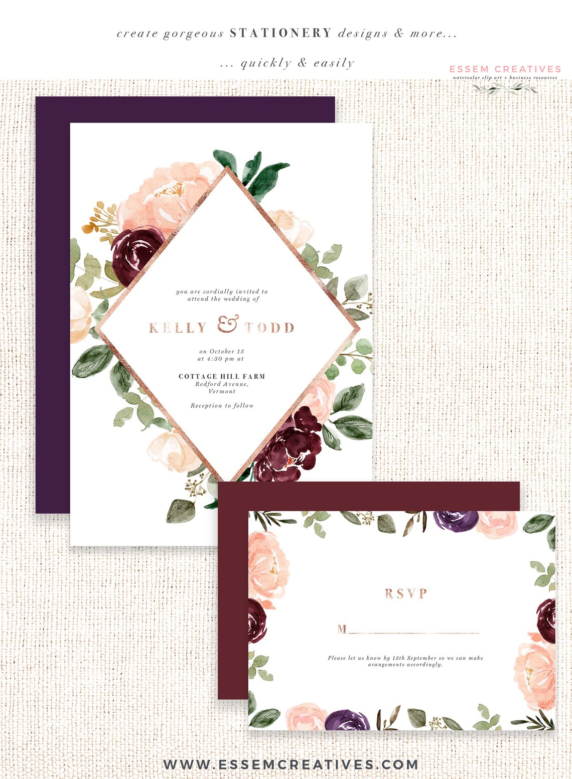 Burgundy Blush Watercolor Floral Borders Plum Rose Gold | Etsy