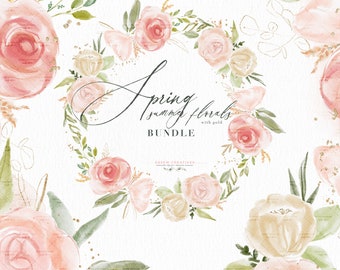 Pink Floral Gold Wreath Clipart, Watercolor Clipart, Boho Blush Pink Cream Peach Frame Border Bouquet Rustic Flower Clip Art Sublimation PNG