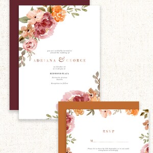 May include: A wedding invitation with a floral design in shades of pink, orange, and green. The invitation reads "You are cordially invited to attend the wedding of Adriana & George" and includes the date, time, and location of the wedding. The RSVP card features a similar floral design and includes the text "Please let us know by 15th September so we can make arrangements accordingly."