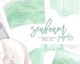 Seafoam Abstract Watercolor Borders, 5x7 A4 12x12 Digital Papers, Mint Beach Invitations, Teal Ombre Menu Table Place Cards Favors Gift Sign