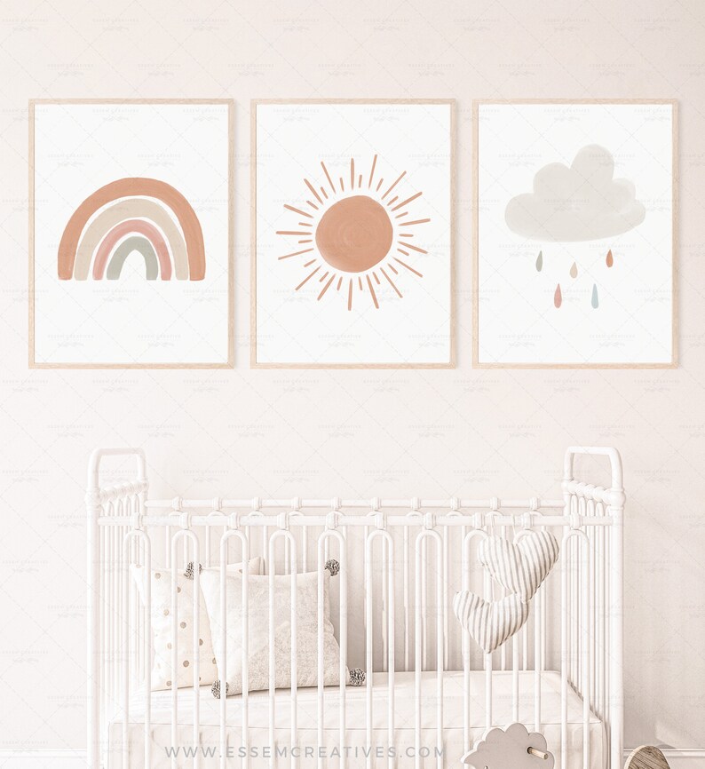 Neutral Rainbow Cloud Sun Print Set of 3 Boho Nursery Decor - Etsy