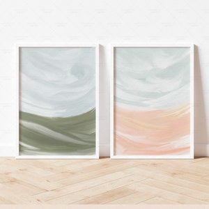 Impresiones abstractas CONJUNTO DE 2, Carteles imprimibles para la decoración de la sala de estar, Póster de paisaje, Impresiones de la sala de estar, Impresiones del dormitorio del océano de la playa costera