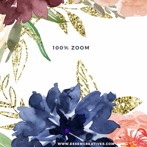 May include: Watercolour floral arrangement featuring navy blue, burgundy, peach, and pink flowers. Gold glitter accents are scattered throughout the design. The text "100% ZOOM" and "WWW.ESSEMCREATIVES.COM" are included in the image.