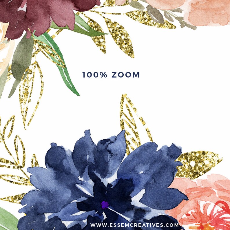 May include: Watercolour floral arrangement featuring navy blue, burgundy, peach, and pink flowers. Gold glitter accents are scattered throughout the design. The text "100% ZOOM" and "WWW.ESSEMCREATIVES.COM" are included in the image.