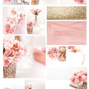 May include: A collection of 15 photos featuring blush pink flowers and gold accents. The images include close-ups of floral arrangements, glitter textures, and branding elements. Text reads "Blush & Gold" and "Stock Bundle for Branding".