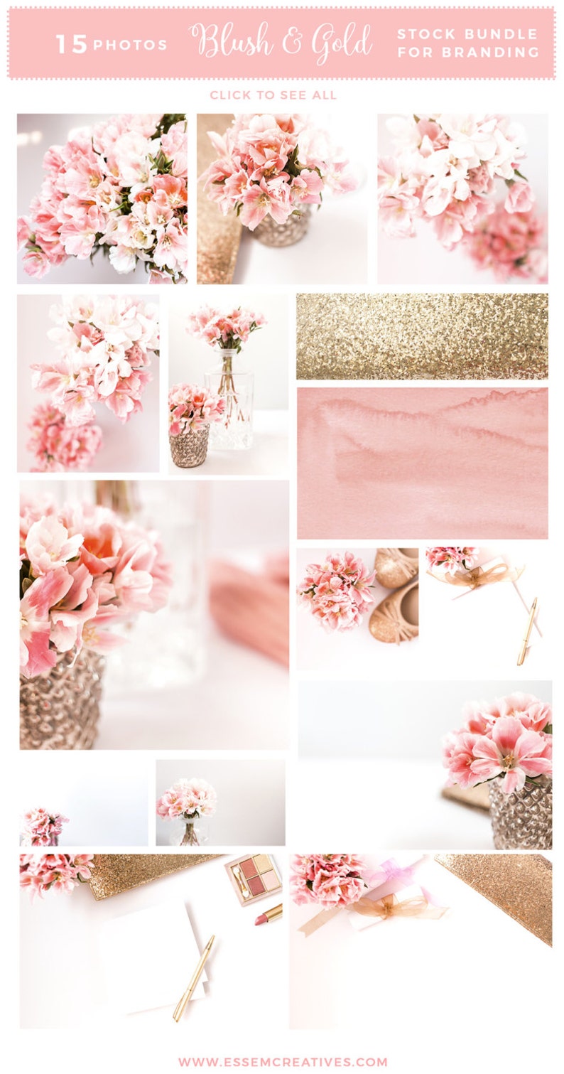 May include: A collection of 15 photos featuring blush pink flowers and gold accents. The images include close-ups of floral arrangements, glitter textures, and branding elements. Text reads "Blush & Gold" and "Stock Bundle for Branding".