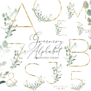 Clipart de alfabeto floral aquarela verde e dourado, clipart de alfabeto de eucalipto neutro, letras, dígito, fonte, sublimação gráfica, PNG