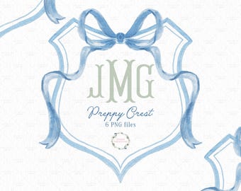 Blue Green Grandmillenial Crest Frame, Preppy Modern Watercolor Crest Family Monogram Weddings Birthday Sublimation PNG Heat Transfer File