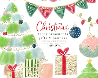 Watercolor Christmas Trees Clipart, Christmas Ornaments Gift Boxes Banners Buntings, Holiday Sublimation Design PNG, Sublimation Transfer