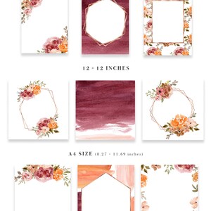 May include: A set of digital fall sunset borders and backgrounds in various sizes, including 5x7 inches, 12x12 inches, and A4 size. The designs feature watercolor floral elements in shades of orange, pink, and burgundy, with a gold geometric frame.