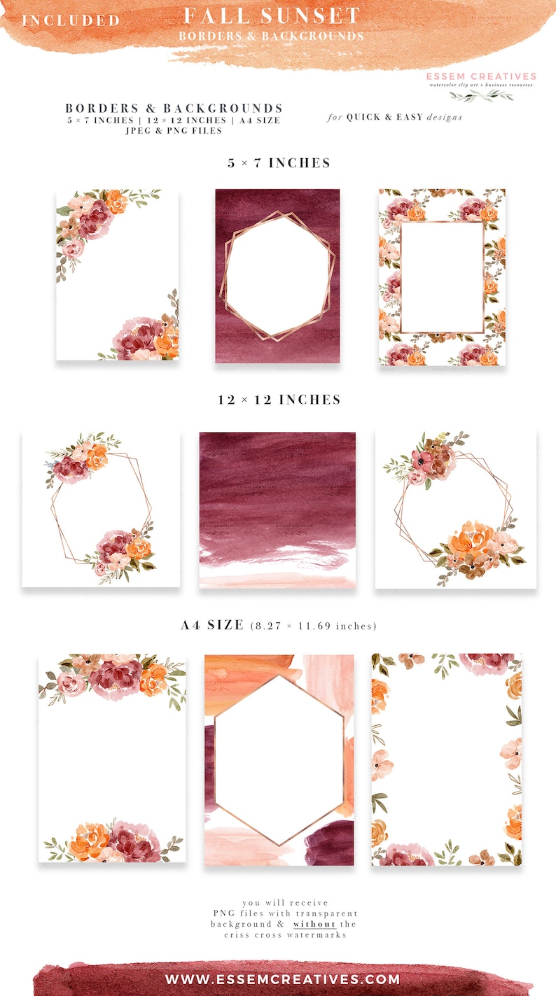 May include: A set of digital fall sunset borders and backgrounds in various sizes, including 5x7 inches, 12x12 inches, and A4 size. The designs feature watercolor floral elements in shades of orange, pink, and burgundy, with a gold geometric frame.