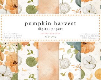 Pumpkin Floral Digital Paper Seamless Repeat Patterns, Fall Halloween Thanksgiving Print for scrapbook album planner fabric, card background