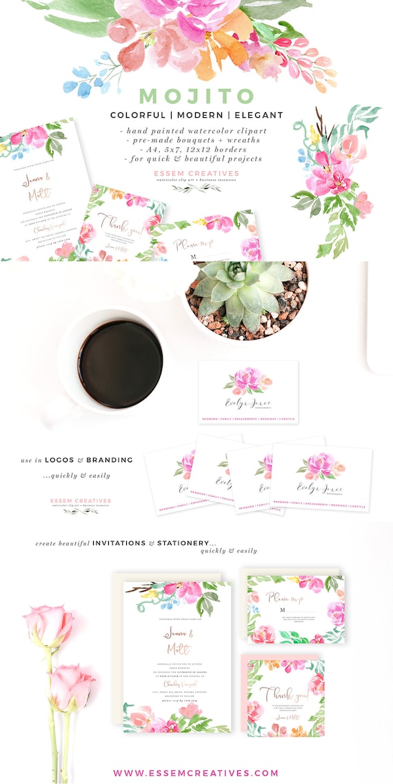 Watercolor Flowers Clipart, Hand painted floral Magenta Pink Orange Wreath, Watercolor Wedding Clipart, A4 5x7 12x12 Digital Paper Graphics