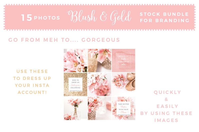 May include: Nine images in a blush and gold theme, including floral arrangements and text overlays. Text includes "15 Photos", "Blush & Gold", and "Stock Bundle for Branding". The images are designed for Instagram use.