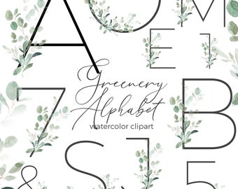 Greenery and Black Watercolor Floral Alphabet Clipart Neutral Eucalyptus Alphabet Clip art Letters Digit Number Font Graphic Sublimation PNG