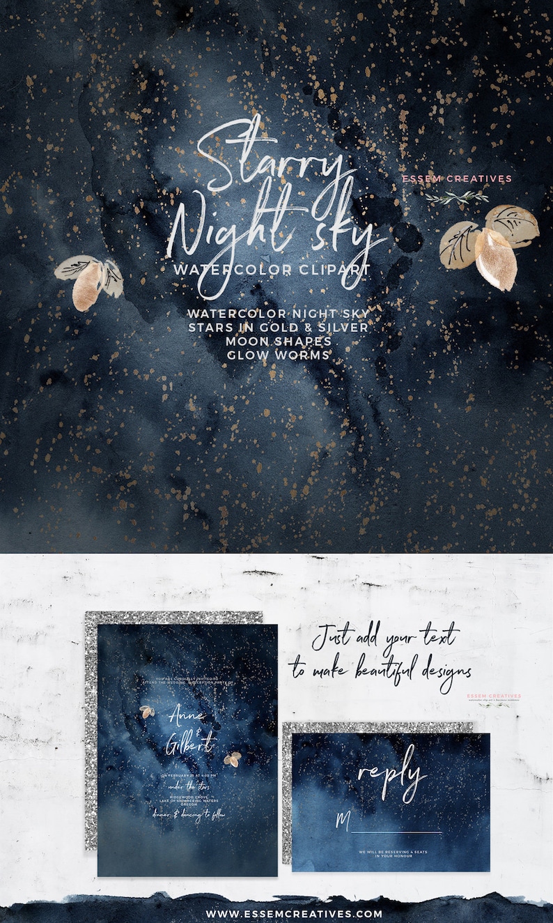 May include: A watercolor clipart set featuring a starry night sky with gold and silver stars, moon shapes, and glow worms. The clipart is perfect for creating invitations, cards, and other paper crafts.