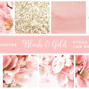 May include: A selection of stock photographs with a blush and gold theme. The images showcase pink flowers, gold glitter, and watercolour textures. Text on the image reads "Blush & Gold" and "15 Photos Stock Bundle for Branding."