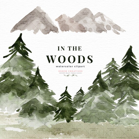 Watercolor Forest Clipart, In the Woods Clip art, Conifers Pine Trees Mountains Hills Rustic Woodland Graphics, Outdoor Nature Landscape PNG