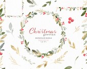 Watercolor Christmas Clipart, Christmas Photo Card Frames, Holiday Clip Art, Winter Greenery PNG Holly Jolly Wreath, Festive Background PNG
