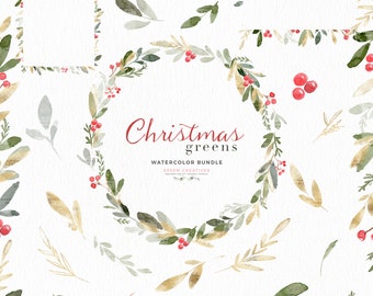 Watercolor Christmas Clipart, Christmas Photo Card Frames, Holiday Clip Art, Winter Greenery PNG Holly Jolly Wreath, Festive Background PNG