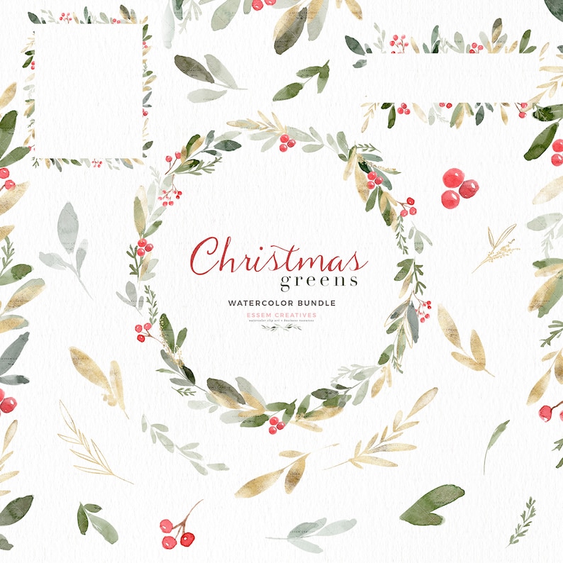 May include: Watercolor illustrations of Christmas greenery, including wreaths, sprigs, and berries. The text "Christmas Greens Watercolor Bundle" and "Essem Creatives" is included in the image.