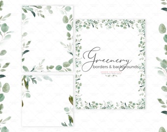 Könnte beinhalten: Drei Aquarell-Illustrationen von Grünpflanzen-Rändern. Die Ränder bestehen aus Eukalyptusblättern und -zweigen. Der Text "Greenery borders & backgrounds" befindet sich in der Mitte des Bildes.