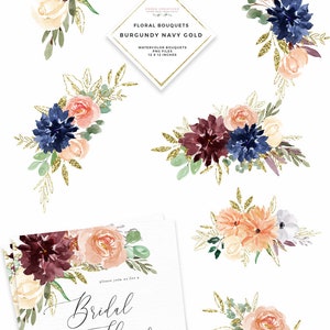 May include: A bridal shower invitation with a watercolor floral design in shades of burgundy, navy blue, peach, and gold. The invitation features the text "Bridal Shower" in a script font and the name "Jenna Anderson".
