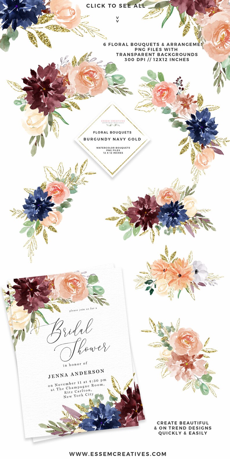 May include: A bridal shower invitation with a watercolor floral design in shades of burgundy, navy blue, peach, and gold. The invitation features the text "Bridal Shower" in a script font and the name "Jenna Anderson".