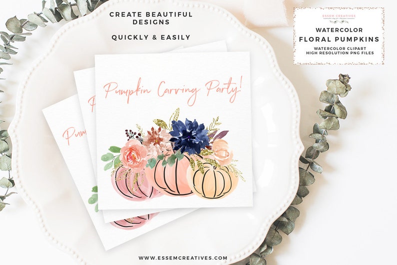 May include: Three watercolour pumpkins with floral accents. The pumpkins are in shades of pink and orange with gold glitter accents. The flowers are in shades of pink, white, and blue. The text "Pumpkin Carving Party!" is written in pink script.